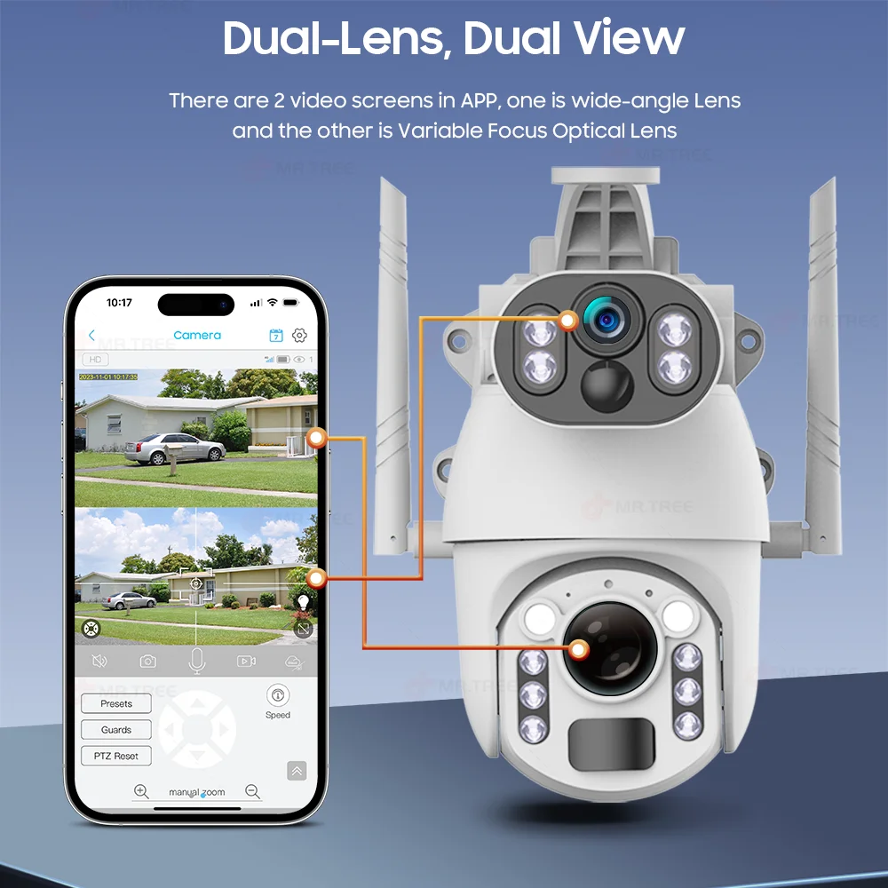 4K 50X Optical Zoom Dual เลนส์กลางแจ้งพลังงานแสงอาทิตย์กล้อง 8MP 4G ซิมการ์ด PTZ การเฝ้าระวัง WIFI Security Humanoid ติดตามกล้องวงจรปิด IP Cams