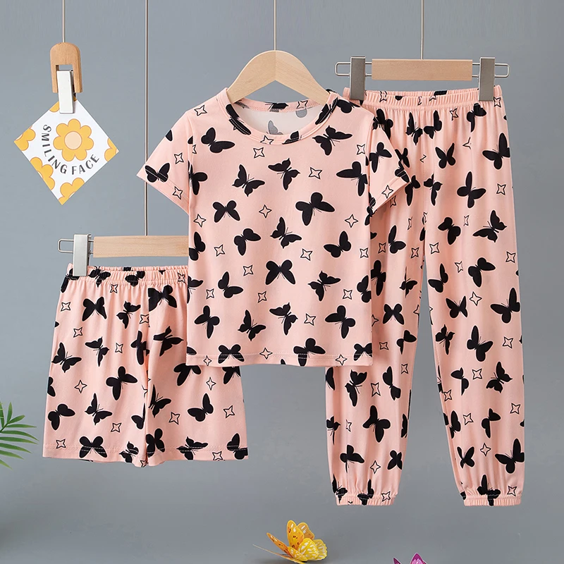 3-teiliges Set aus Sommer-Kurzarmshirts, Shorts und Hosen für Jungen und Mädchen, bunter, lässiger, bedruckter, süßer Anzug – Detail 5