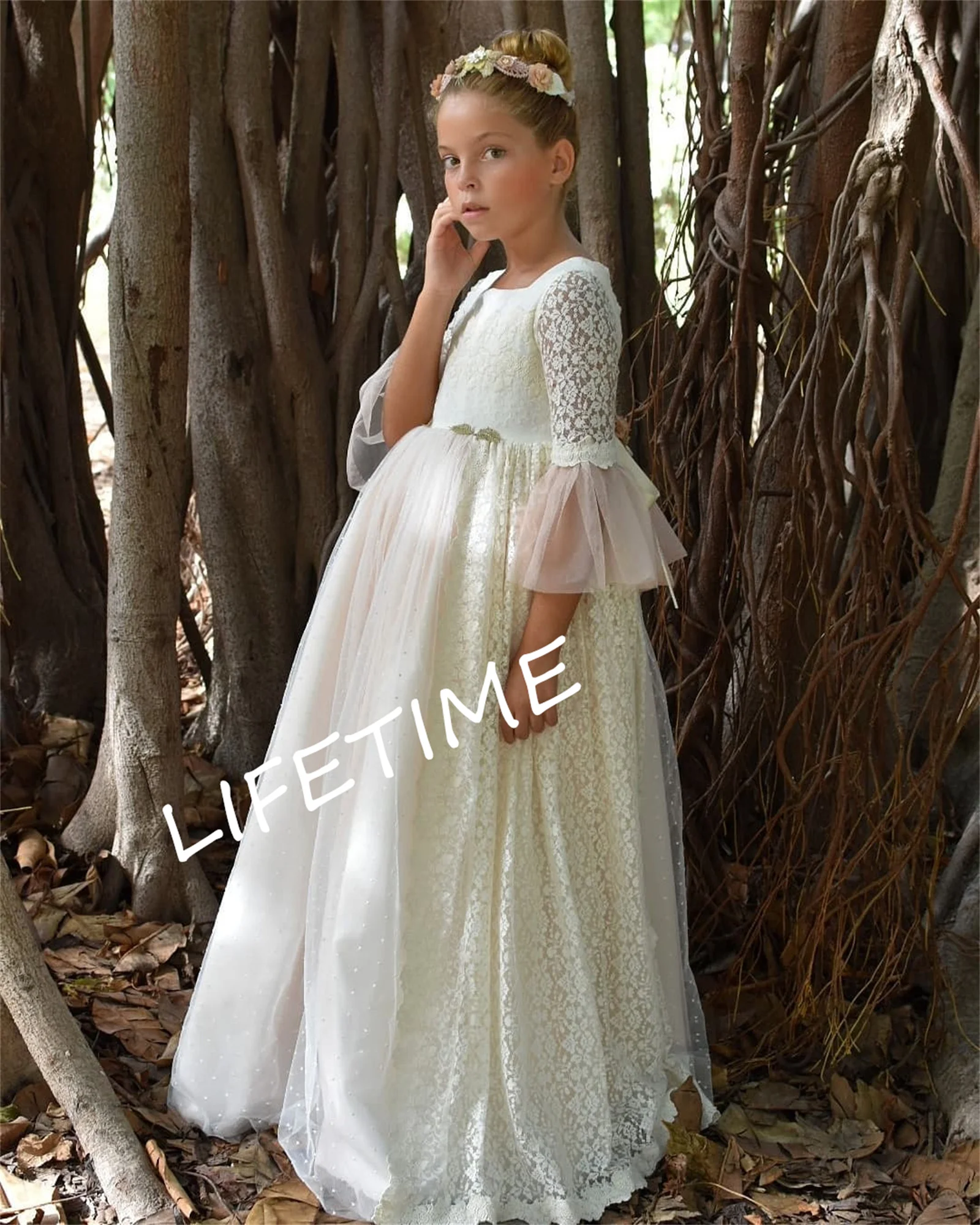 Flower Girl Dress Vintage FairyPrincess Lace Floral Ribbon Belt Bridemini Bridesmaid Tulle Long Gown Communion Party