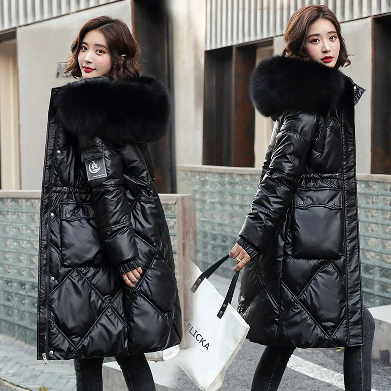 Glossy Design Chic Waistband Pockets Slim Thick Korean-Style Parka Ladies Warm Long Fur Collar Winter Coat Women Cheap Wholesale