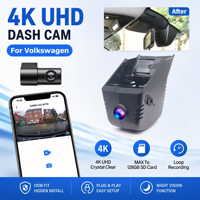 New! Plug and Play 4K 2160P Car DVR Recorder DashCam Camera for Volkswagen VW (Mk3) 86mm VW Tiguan MK3 2024-2026