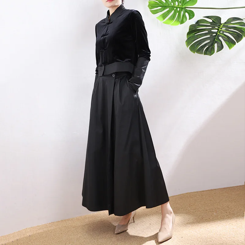 Chinese Style Black Skirt Suits Spring Women Velvet Tops Acetate Buttoned Three-dimensional Retro Matching Wide Skort Sets Coats