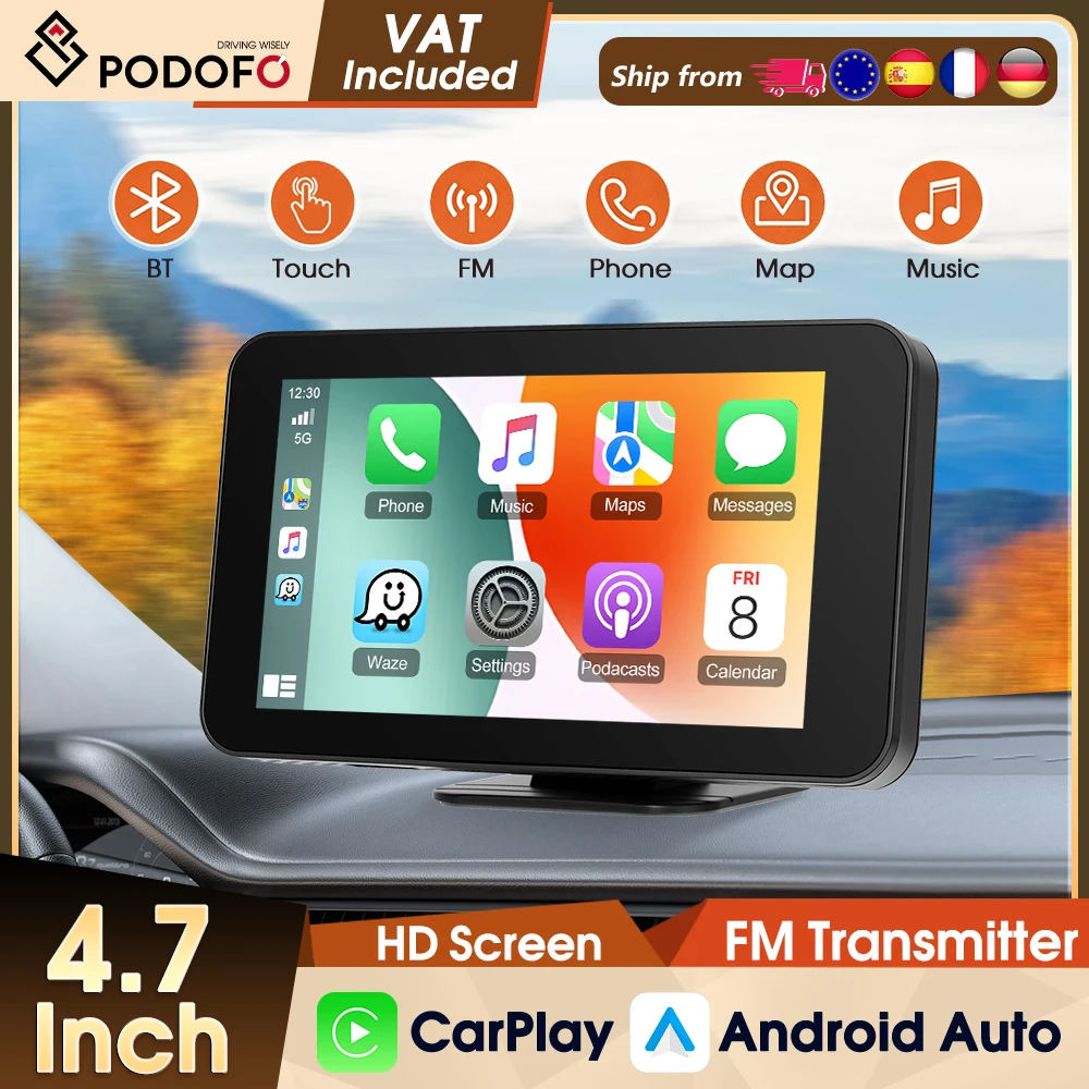 Podofo 4,7'' Dashcam Kabelloses Carplay Android Auto Autoradio Bluetooth EQ FM GPS USB Auto-Monitor AirPlay Android Cast IPS-Bildschirm