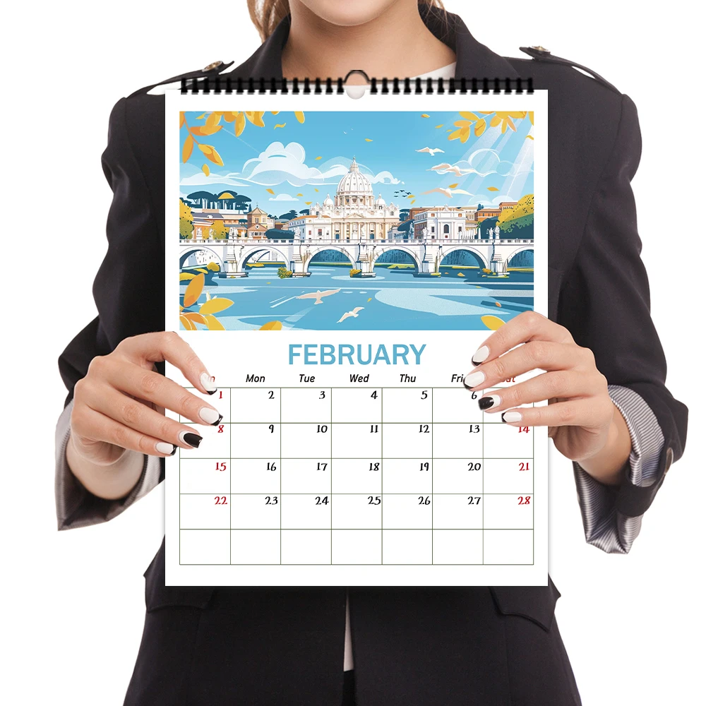 2 Stück/1 Satz 2026 handgezeichneter Reisetagebuch-Themen-Schreibtischkalender und Wandkalender, 12 einzigartige Designs, Geburtstag, Weihnachten, Neujahr, Geschenk