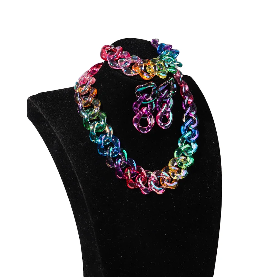 4 teile/satz Schillernde Acryl Kette Halskette für Frauen Neue Transparente Quadratische Link Aussage Ohrringe Armband Halsband Schmuck Sets – Detail 3