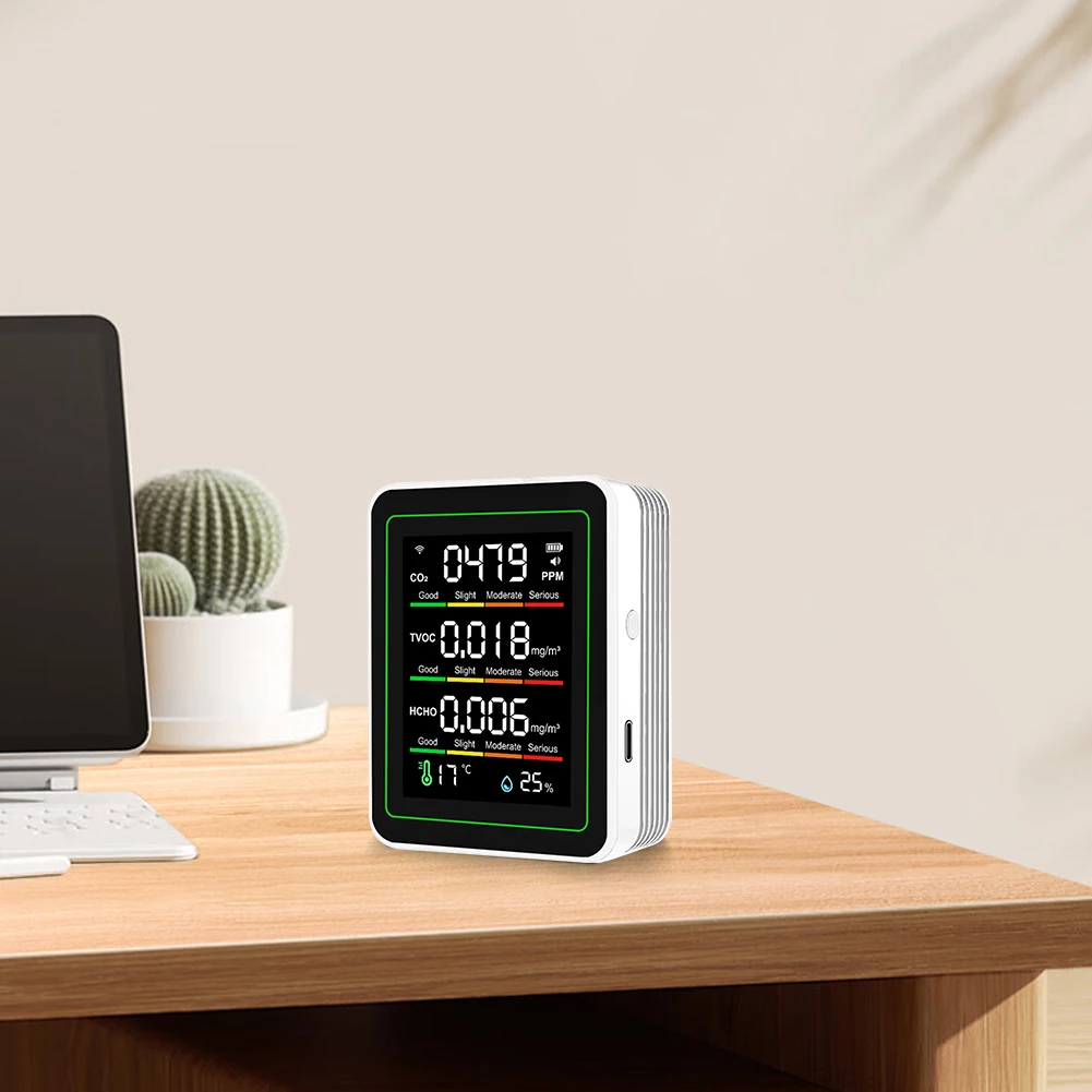 مراقبة جودة الهواء الذكية تعمل بالبطارية داخلي واي فاي كاشف جودة الهواء درجة الحرارة والرطوبة جودة الهواء متر ل AQI CO2 #1