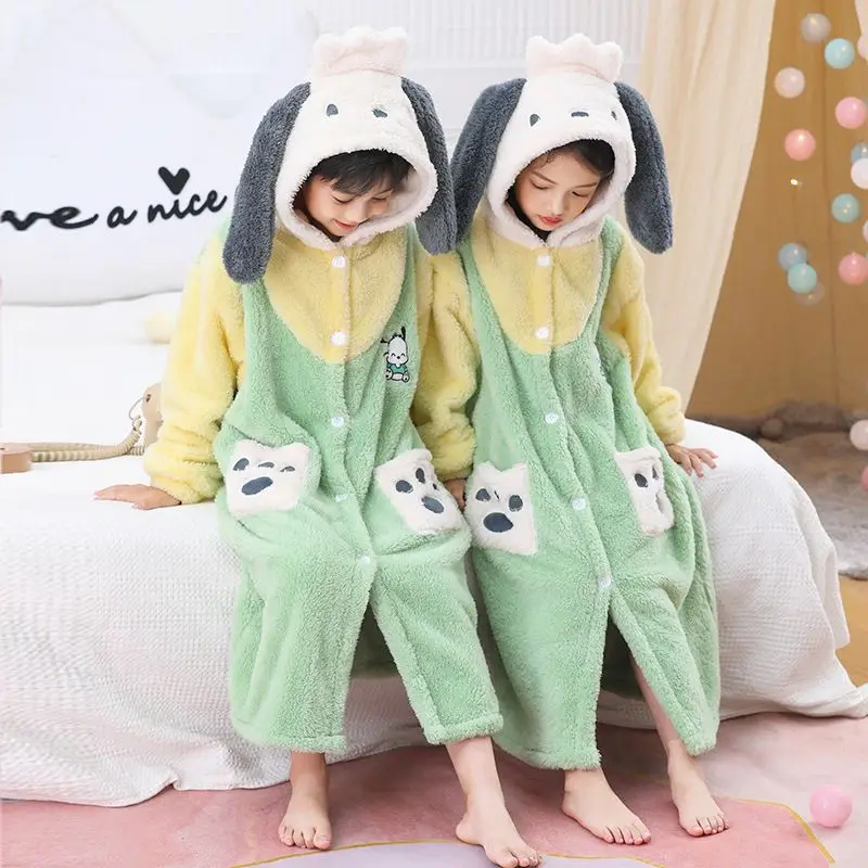 

Kawaii Sanrioed Pochacco My Melody Child Pajamas Cartoon Thicken Lengthen Keep Warm Hooded Loungewear Set Soft Festival Gift