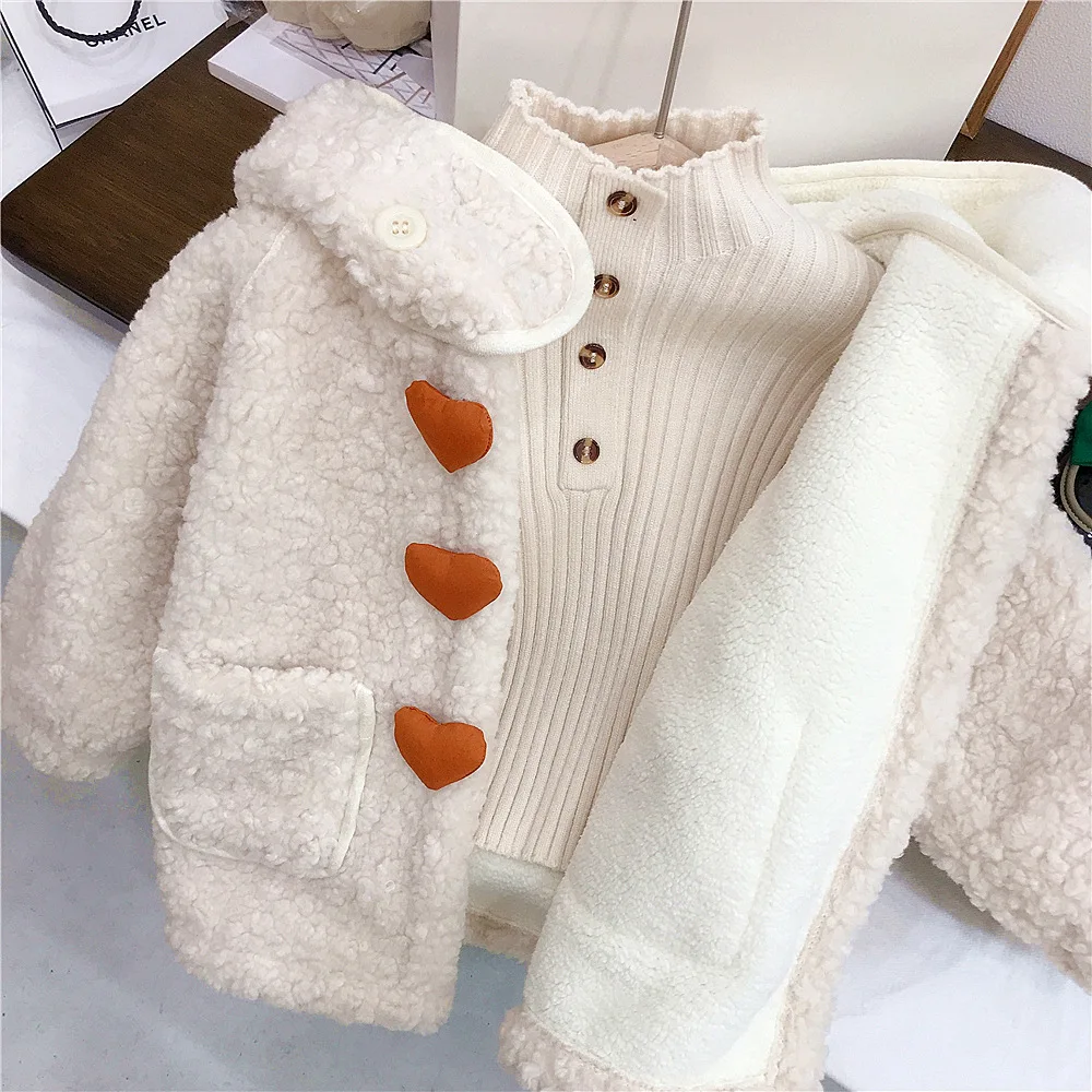 Winter Children Girls Woolen Coat Cotton Love Button Thicken Warm Kid Girl Outerwear Plus Velvet Soft Hooded Little Girl Jackets