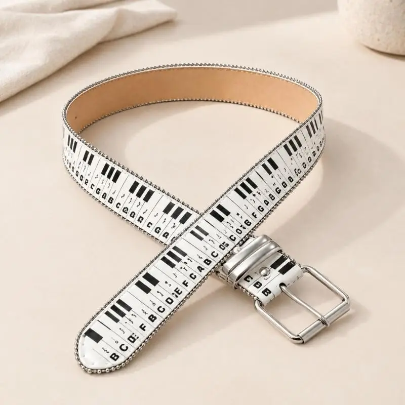 31BB Musical Keyboard Print Belt with Pin Closure and Keeper Loop for Pairing with Jeans, Cargo Pants, and Skirt Outfits