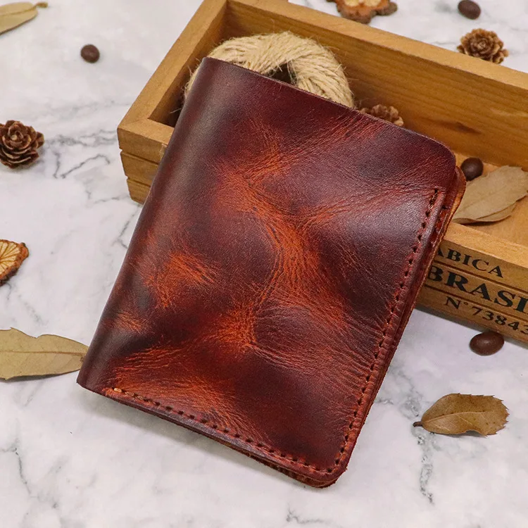 Handcrafted Vintage Leather Wallet Men's Vertical Simple Money Clip Top Layer Cowhide Bifold Wallet Trendy Tannery Leather