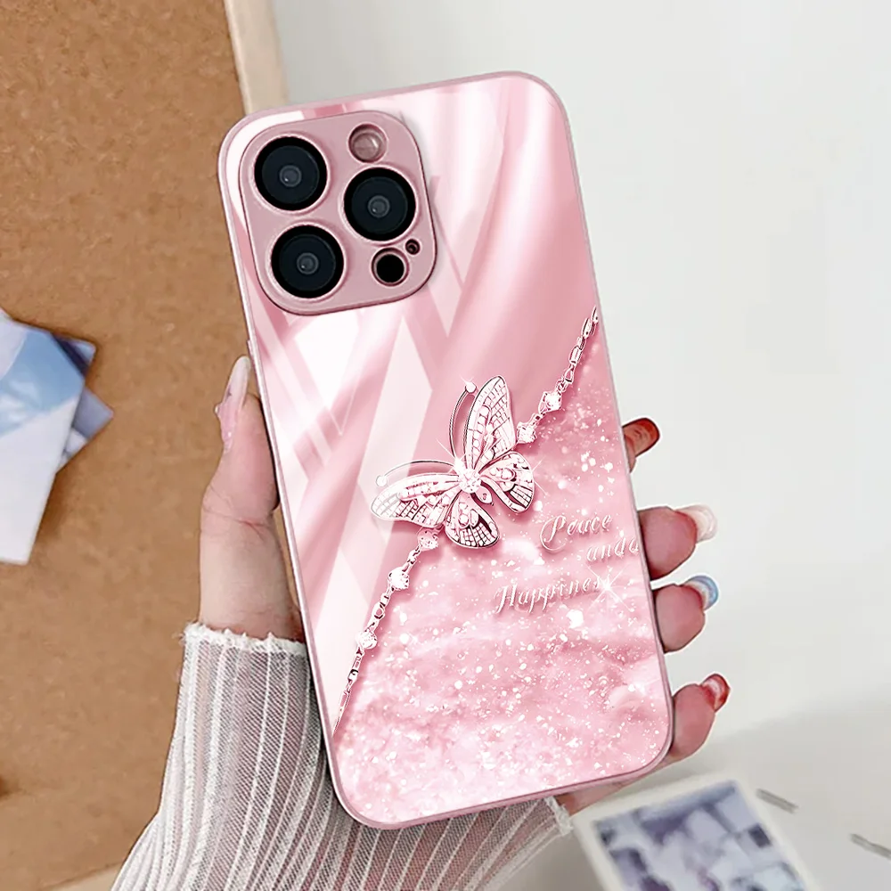 Coque de téléphone papillon à motif de marbre, étui en verre trempé pour iPhone 17 11 15 13 16 12 14 Pro Max 17 Air 16E SE 2022 7 8 Plus XR