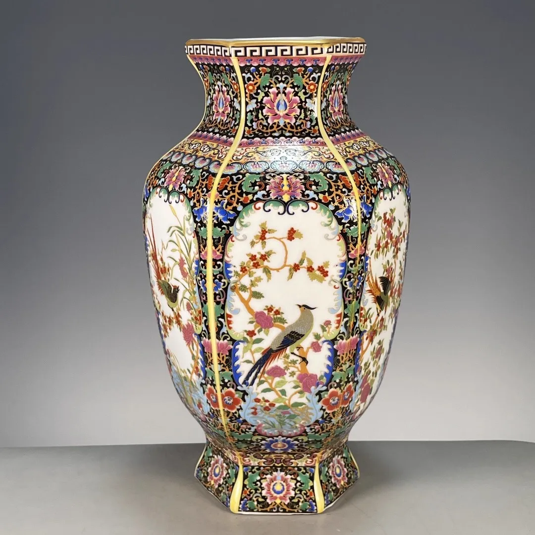 

24cm/antique porcelain antique ceramic ornament enamel color six sided window flower and bird viewing bottle