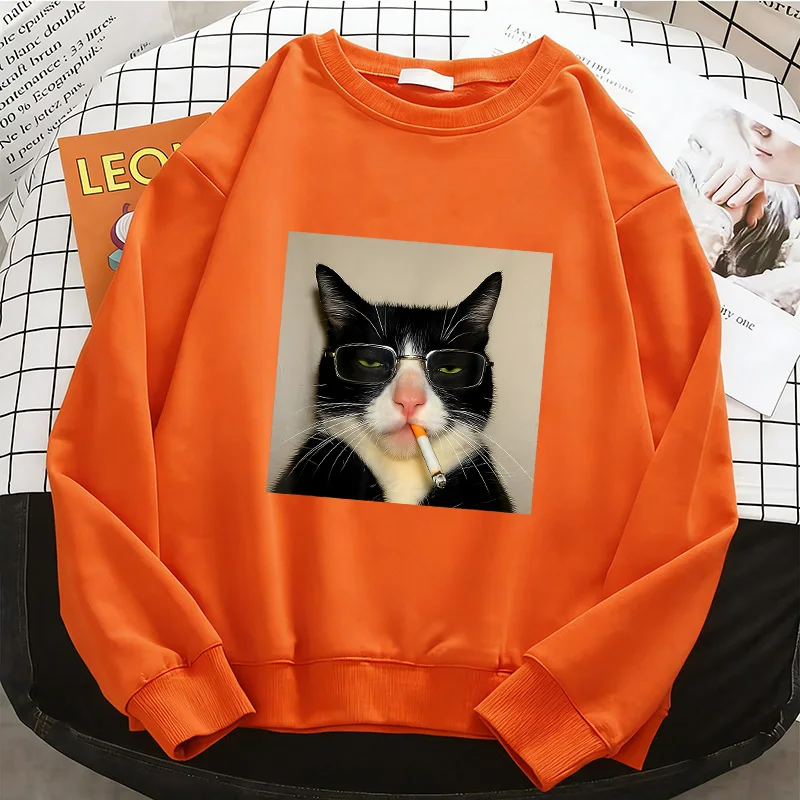 

Мягкая флисовая толстовка-худи оверсайз с круглым вырезом, в стиле хип-хоп, с забавным принтом курящего кота, повседневная женская одежда