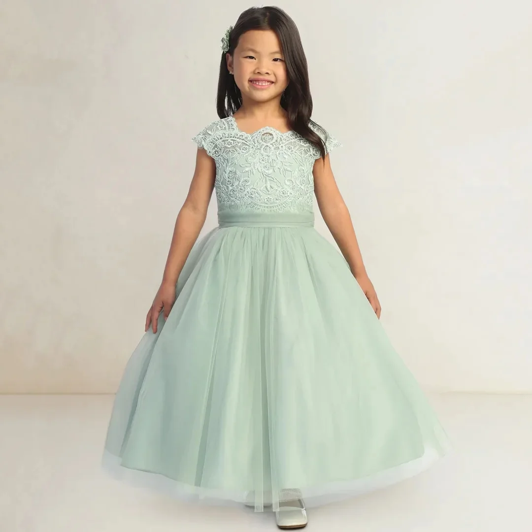 

Customized Green Flower Girl Dress For Wedding Appliques Tulle A-Line With Bow Formal Occasion Birthday First Communion Gown