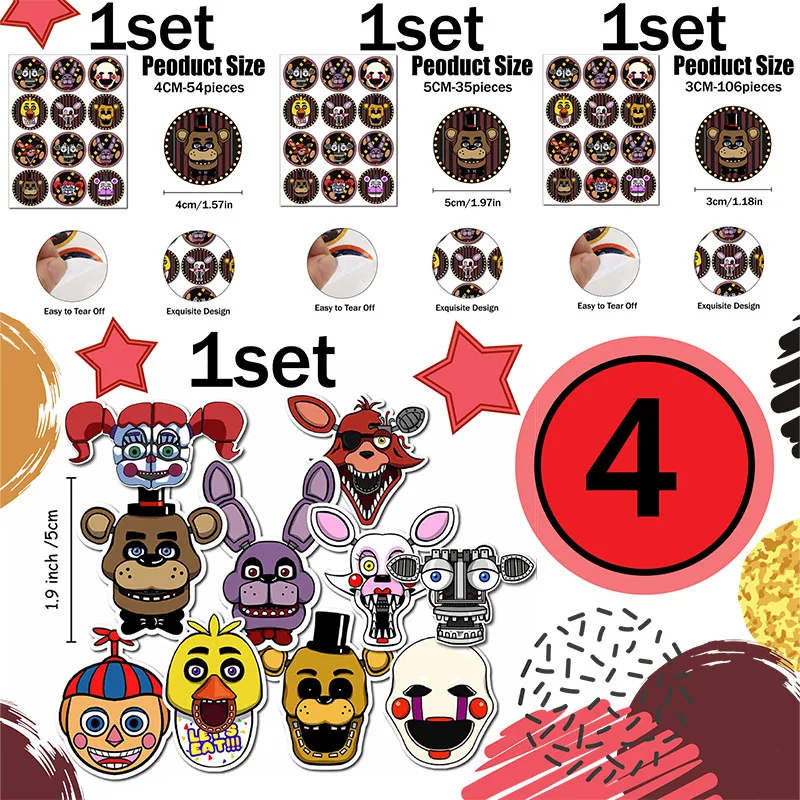Cartoon-Aufkleber mit FNAF-Motiv, rundes Etikett, Geburtstagsfeier, fünf Nächte bei Freddy's Supplies für Halloween-Zubehör, Dekorationen
