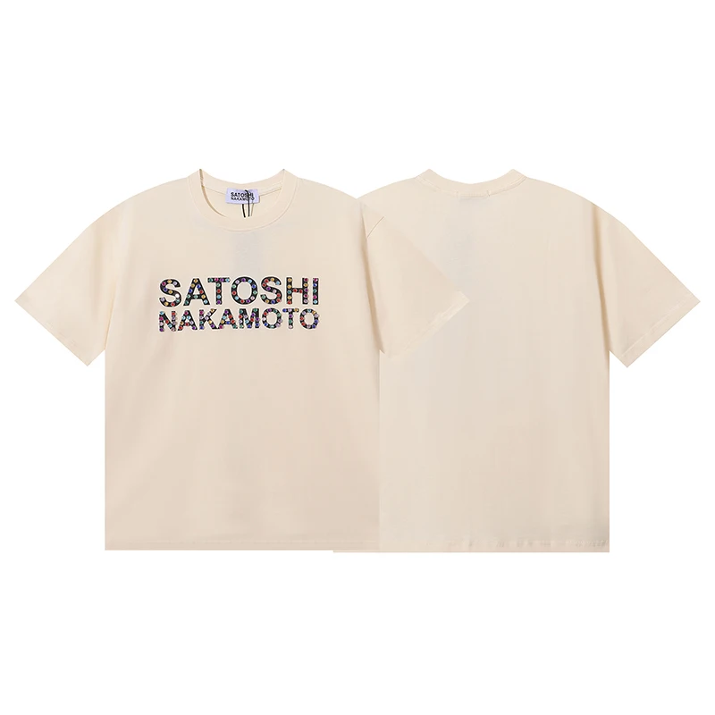 Real Photo Men's SATOSHI T-shirt Tops Loose Casual Colorful Studded Logo T Shirts Unisex Best Quality Cotton Short Sleeve