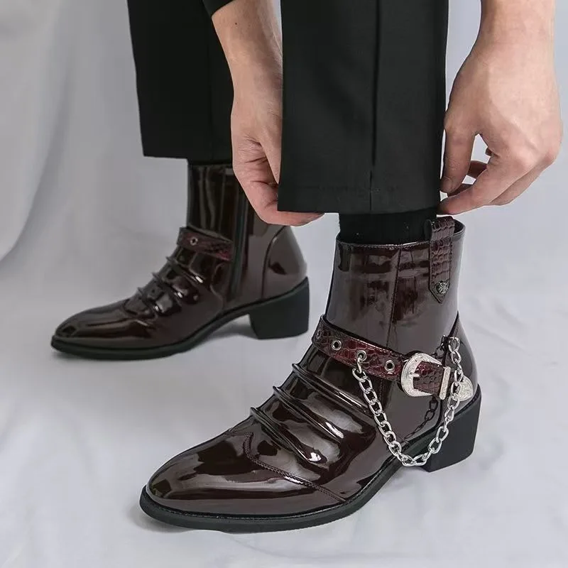 Sharp Pointed Men's Leather Boots Korean Version Trendy Patent Leather Nightclub Stage Men's Boots Fashionable High Top Boots
