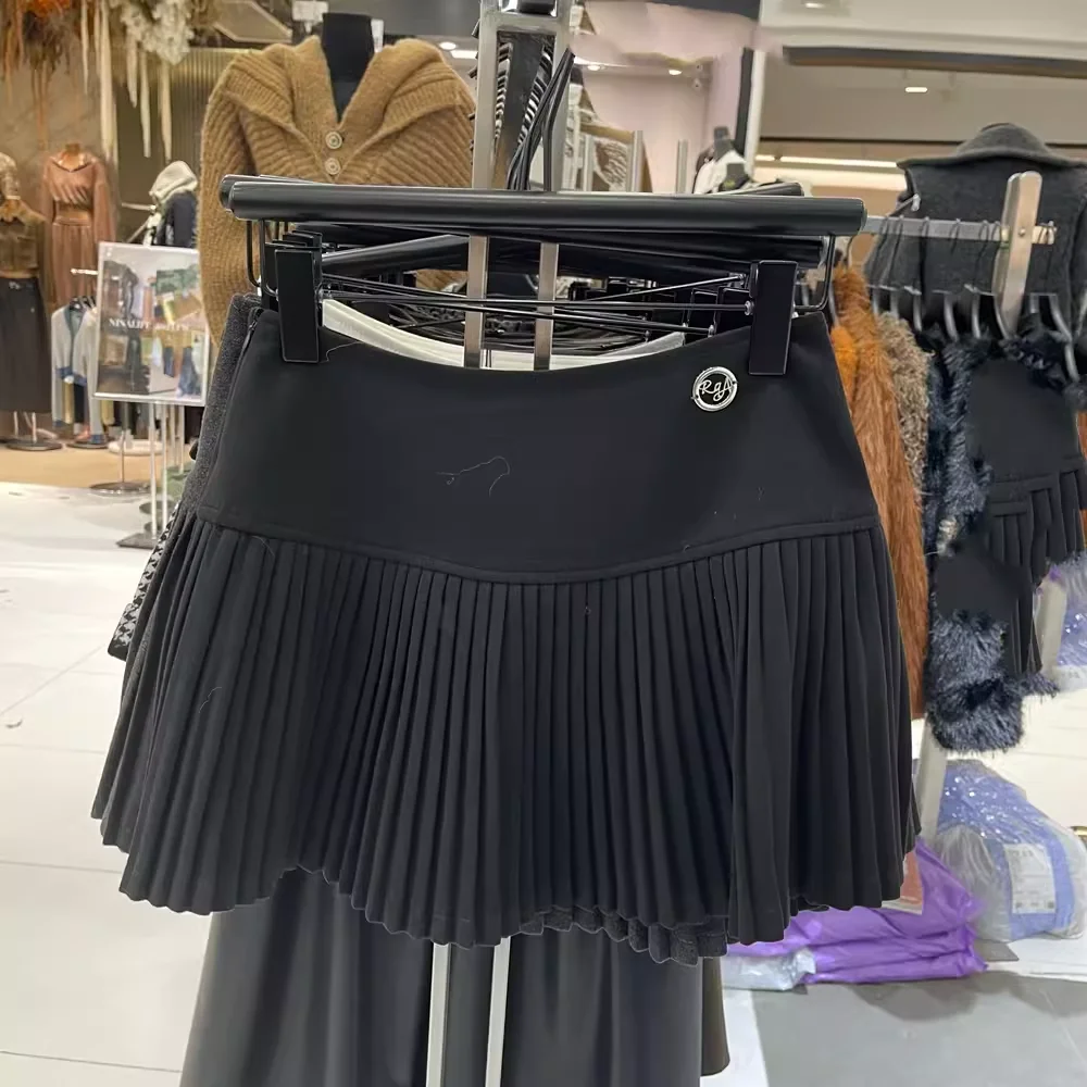 กระโปรงสั้นทรงเอพลีทผ้าวูลเอวสูงแฟชั่นสำหรับผู้หญิง