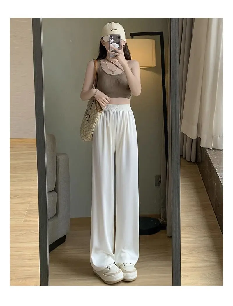 Summer thin women\'s green acetate wide-leg pants, high-waisted, drapey, loose, sunscreen satin casual pants, ice silk straight-l