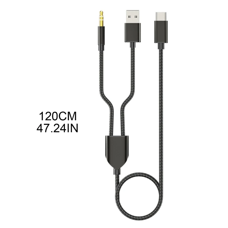 1 Split 2 Type to USB A 3.5mm AUX Cable Stereo HiFi Sound for Car Speakers