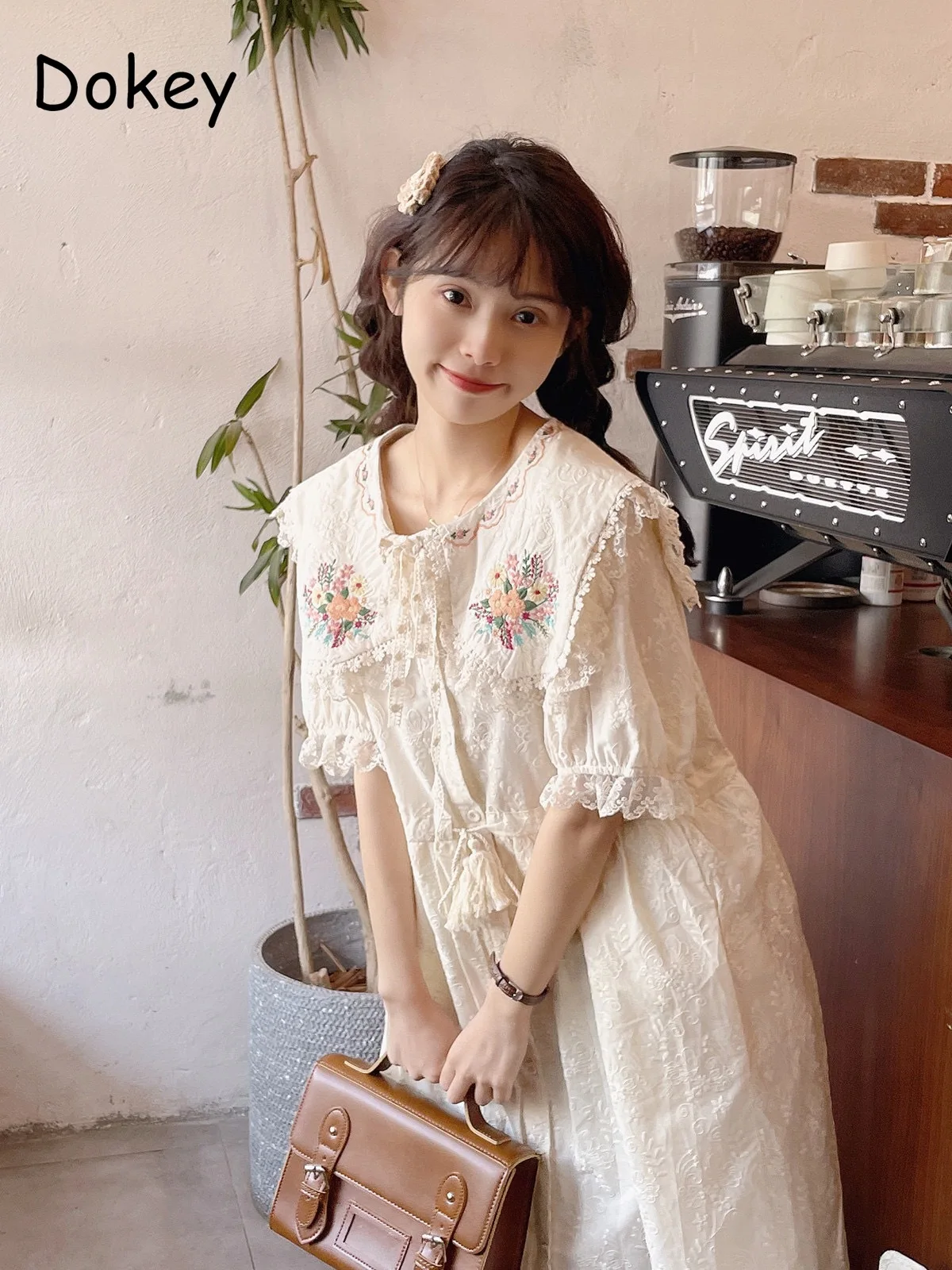 Summer Mori Girl Floral Patchwork Lolita Dress Women Vintage Embroidery Doll Collar Puff Sleeve Lace Dress Casual Midi Vestidos