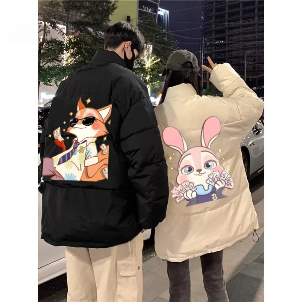 

Couple Matching Winter Warm Puffer Jackets - Cartoon Fox & Rabbit Print Casual Loose Couple Coats