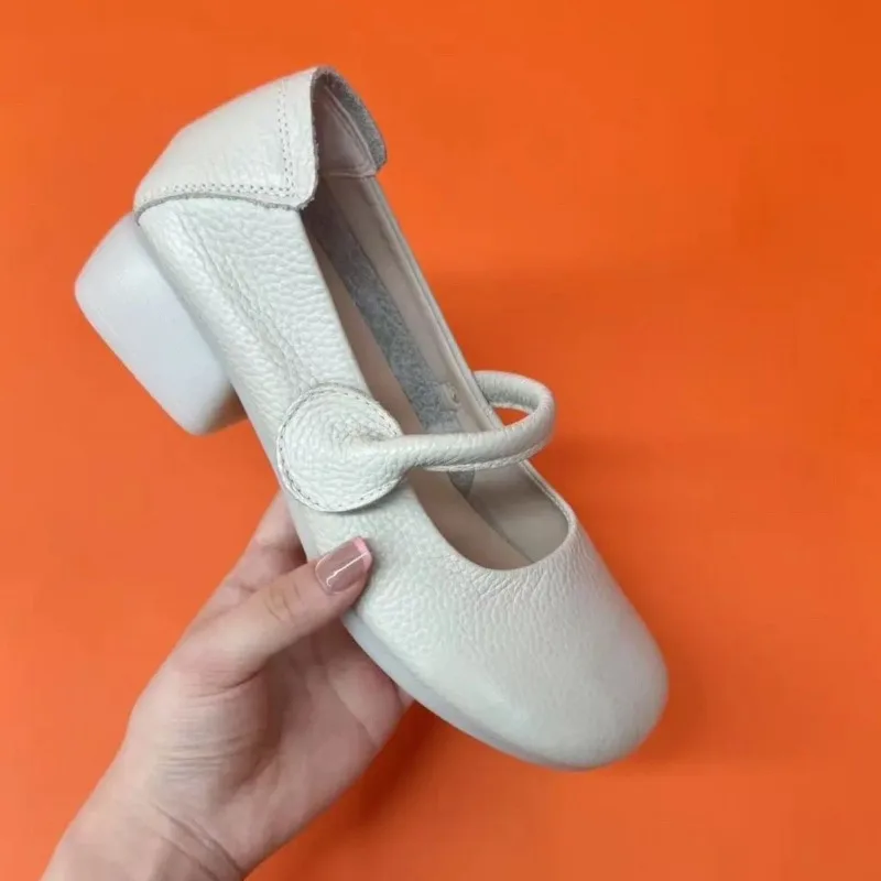 Spring Autumn Genuine Leather Shoes Comfortable Soft Mary Janes Shoes for Office Daily Wear Big Size 41 Black Beige DX882