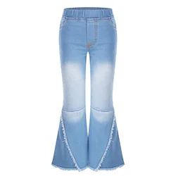 Kids Baby Girls Flare Pants Crisscross Ripped Bell Bottom Hem Denim Wide-leg Pants Children Toddler Cute Jeans Trousers Clothes