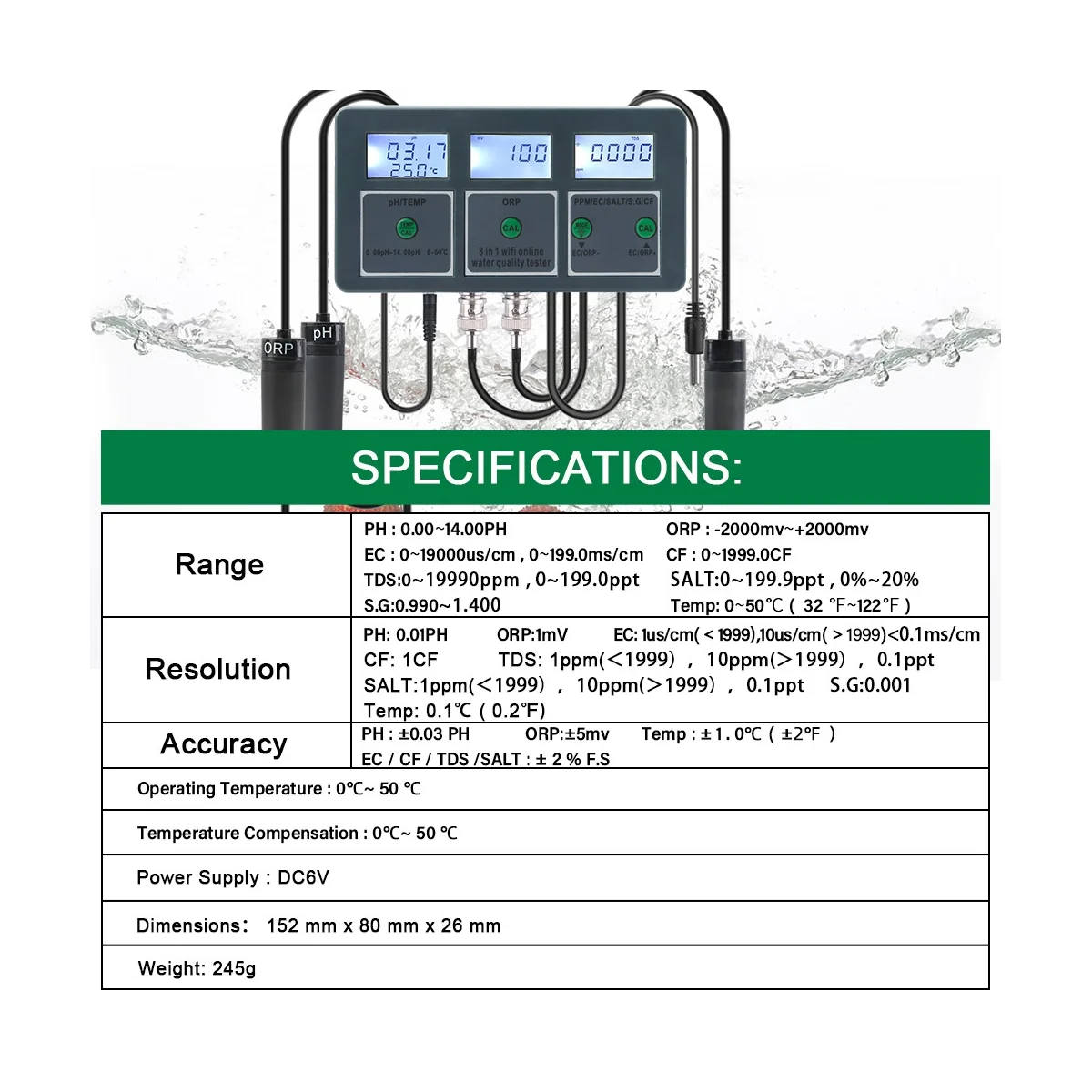 8-in-1 Rechargeable Water Quality Tester Tool S.G PH EC Salt ORP TDS CF Temp Multi Parameter Test for Aquarium US Plug