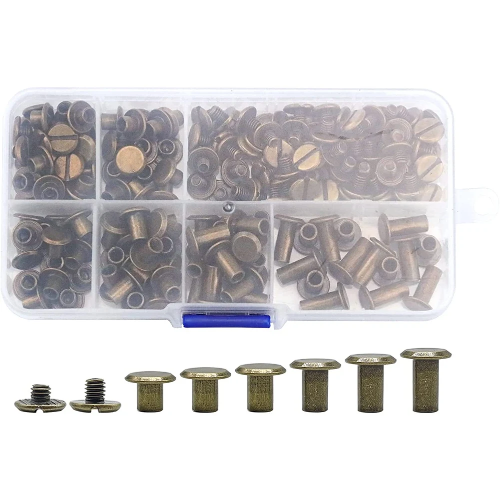 90 Sets Chicago Screws Assorted Kit, 6 Sizes of Round Flat Head Leather Rivets Metal Screw Studs for DIY Leather Craft B