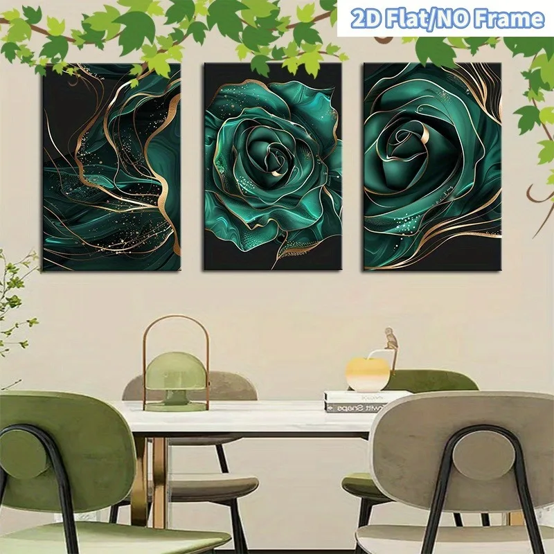 （NoFrame 3pcs）-2D Flat, 3pcs Modern Vertical Emerald & Golden Rose Frameless Canvas Wall Art - Emerald Suitable for Bedroom,,