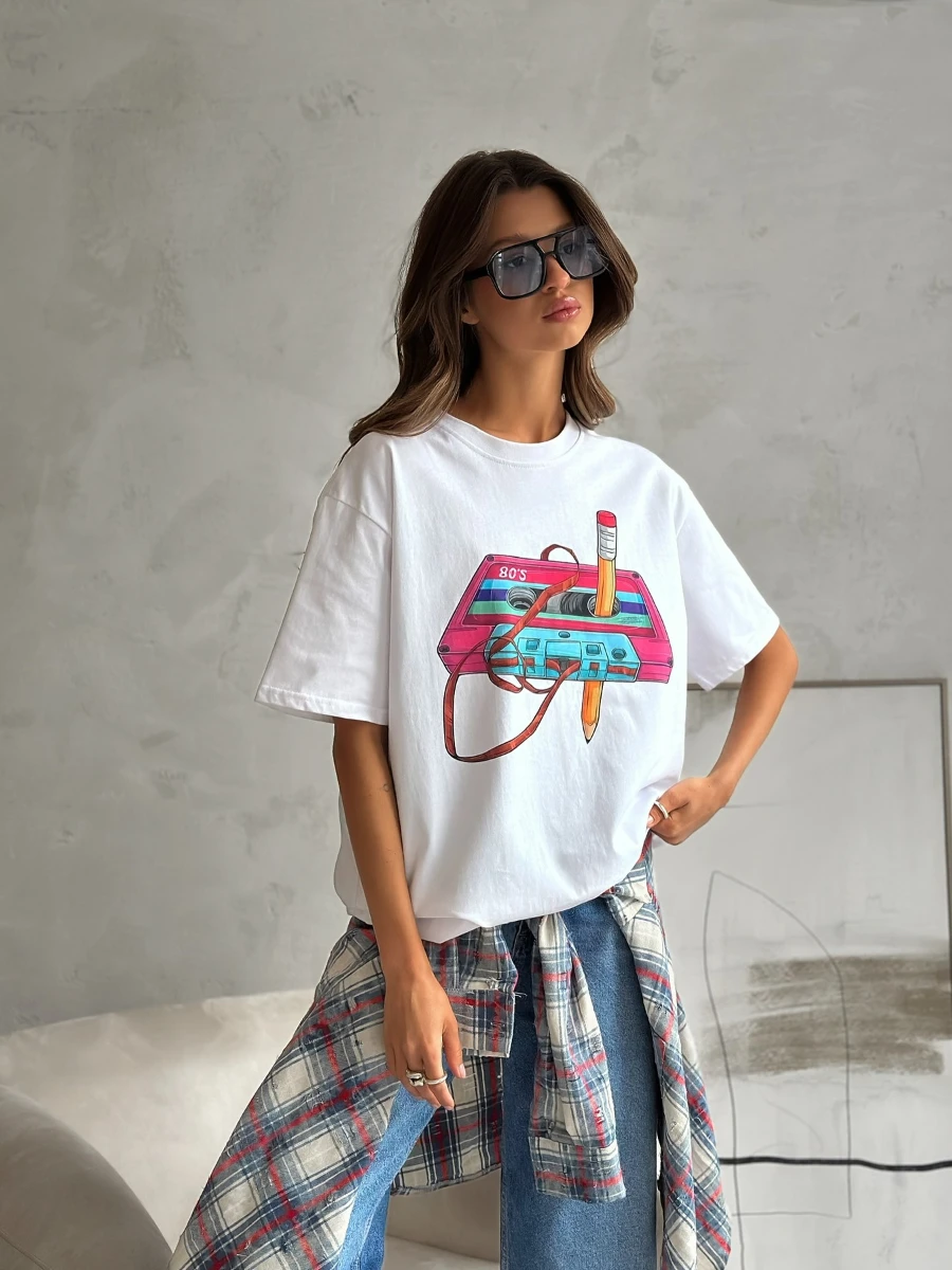 Sumuyoo 100% Cotton Women's Fashionable Printed T-shirt Casual Vintage Short-sleeve Printing T Shirts Fashion Hip Hop Loose Top image 6