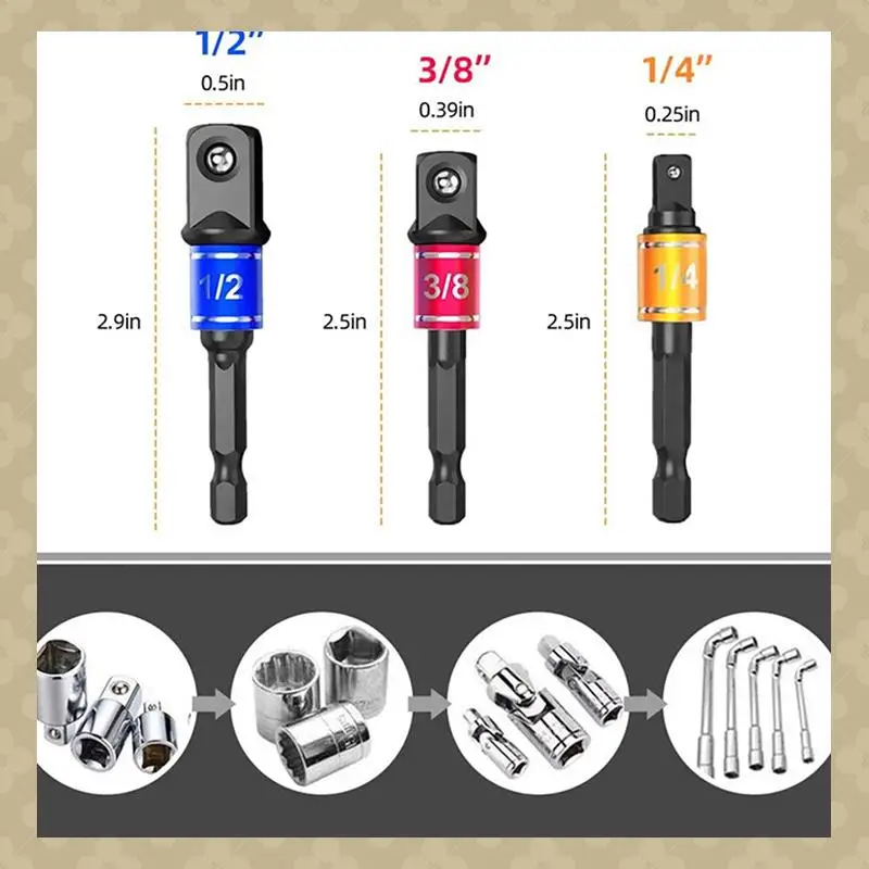 

AB45 3 Set Flexible Drill Extension Hex Shank Drill Nut Driver Bit Set, 9Pcs Universal Socket Adapter Set, Screwdriver Bit