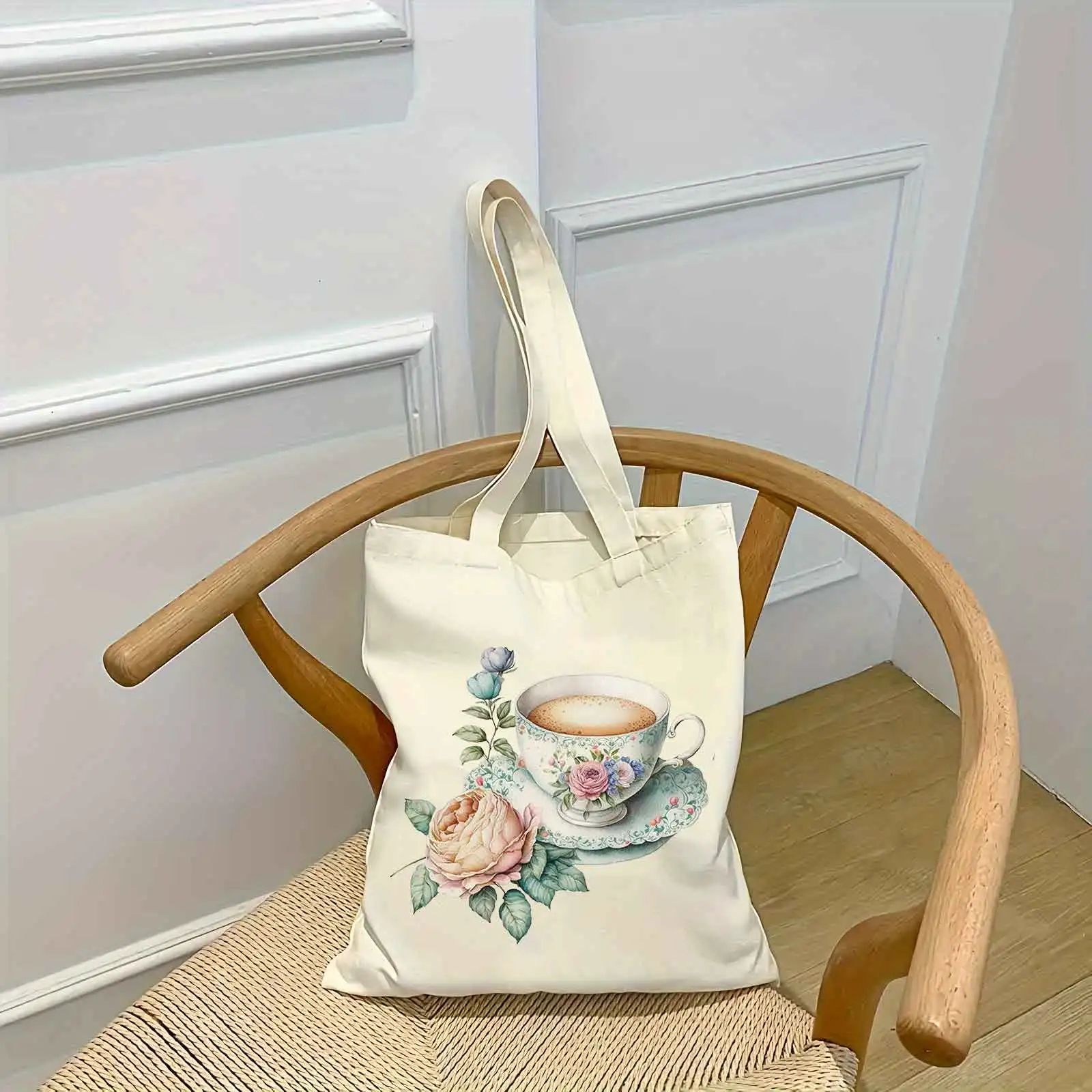 

Women Shopping Tote Bags Canvas Large Capacity Student Casual Fashion Style Coffee Cup Flowers Shoulder Bag Women Handbags