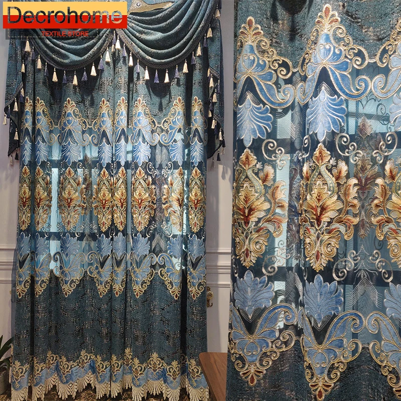 

New Blue European Thickened Chenille Embroidered Window Curtains for Villa Living Room Balcony French Window Customized Valance