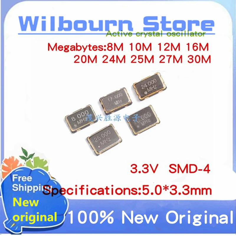 50pcs/lot Chip active crystal oscillator 5032 8MHZ 10MHZ 12MHZ 16MHZ 20MHZ 24MHZ 25MHZ 27MHZ 30MHZ 32MHZ 12.2887MHz 3.3V 4-pin