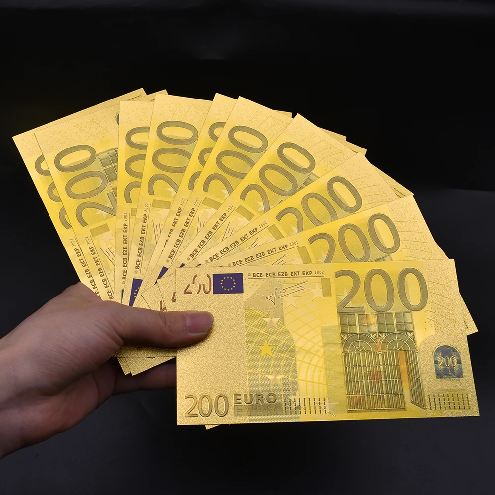 200 Euro Bills Gold Foil Banknotes 10PCS UNC Money Notes with Golden Certificate Home Decoration Craft Art Collectibles