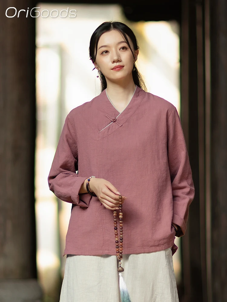 

OriGoods блузка с длинными рукавами и v-образным вырезом, льняная хлопковая рубашка Ramie в китайском стиле, винтажная женская рубашка, новинка 2025, весенне-осенние топы C143