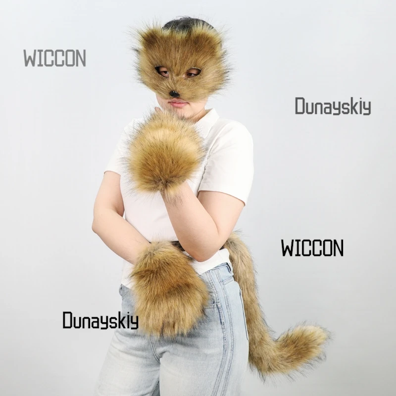 Пушистая маска лисы, опора для хвоста зверя, плюшевая маска с когтями лисы, набор масок на Хэллоуин, Рождество, каваи, аксессуары для косплея