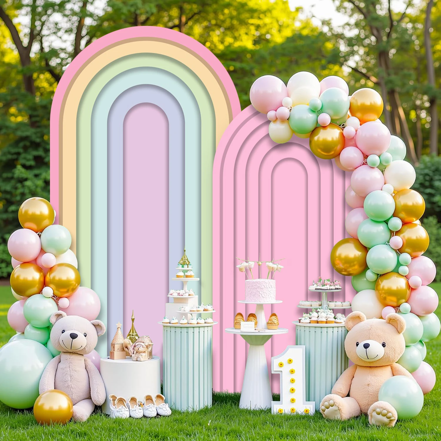 Tło łukowe dwustronne Yeele Rainbow Stripes na urodziny, wesele, baby shower, z możliwością personalizacji kolorów, elastyczne tło łukowe. — zdjęcie produktu 2