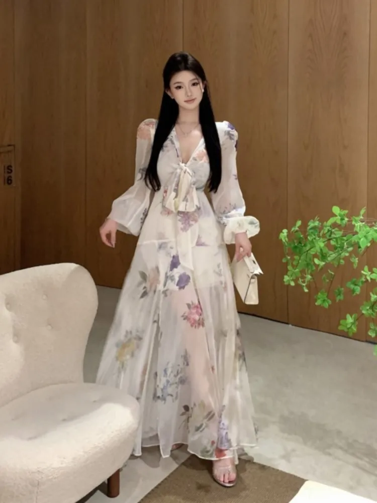 

French Sweet Print Dress 2024 Women Elegant Bow Slim Long Sleeve Fairy Midi Dress Fashion Birthday Party Vestidos Female Chic