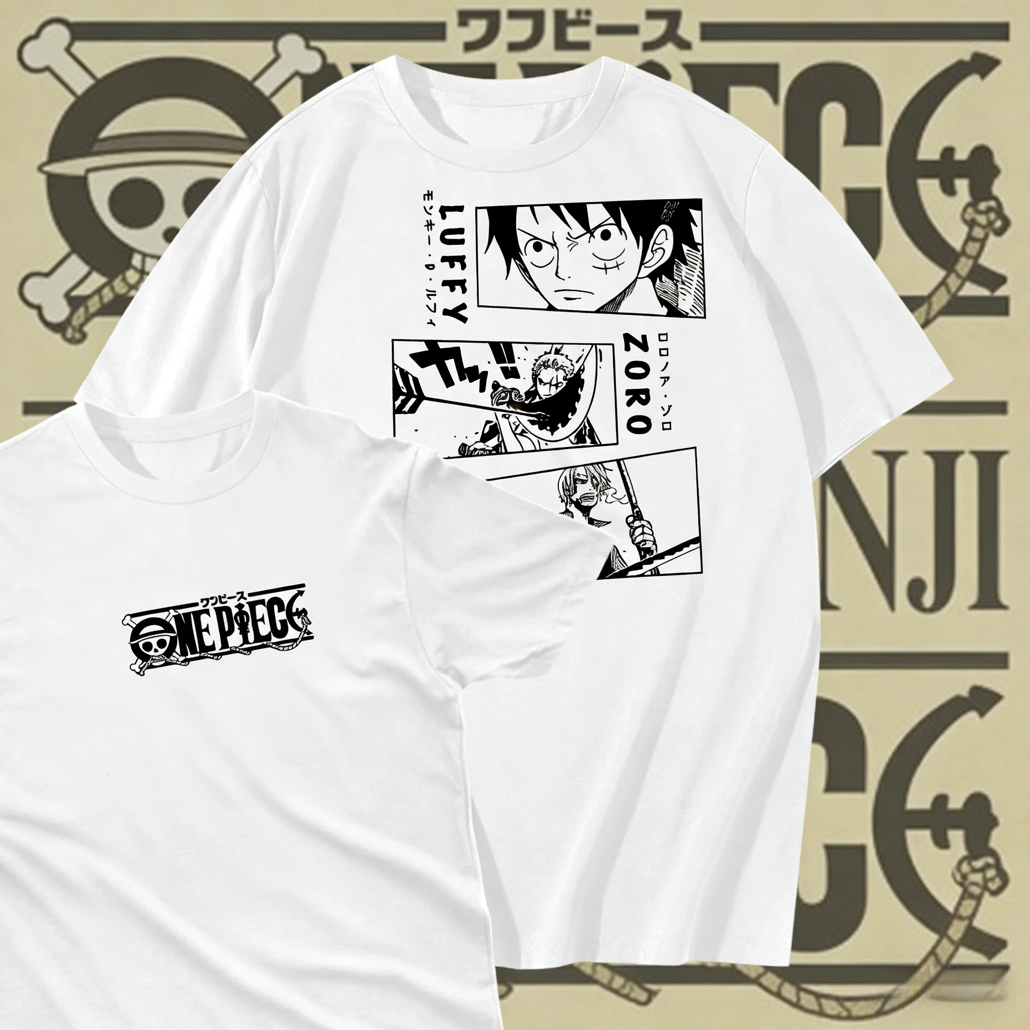 2026 Sommer One Piece Luffy Zoro Sanji Manga Panel Retro Baumwoll-Print T-Shirt für Erwachsene und Kinder Atmungsaktives Kurzarm-Oberteil Y2k