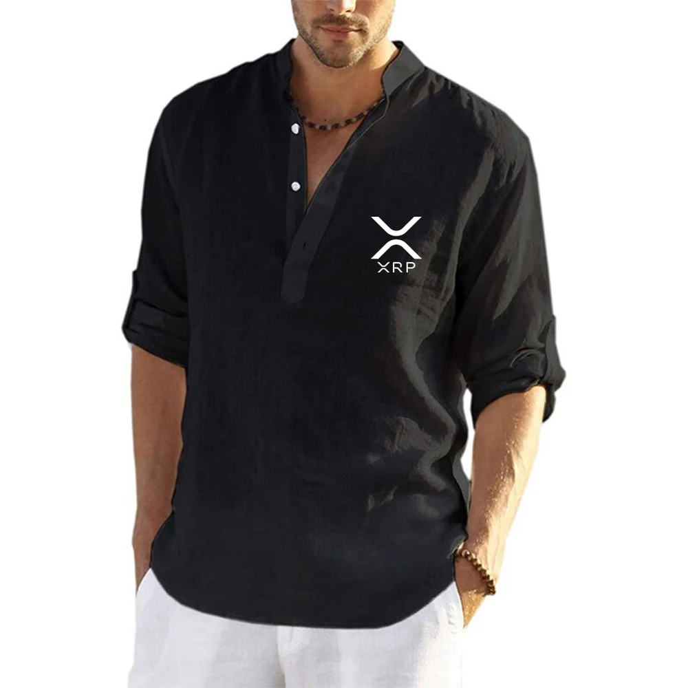 

2025 Summer Men's Cryptocurrency Ripple XRP Logo Printing Popular Cotton Linen Design Half V-Neck Long Sleeve Comfortable Shirts