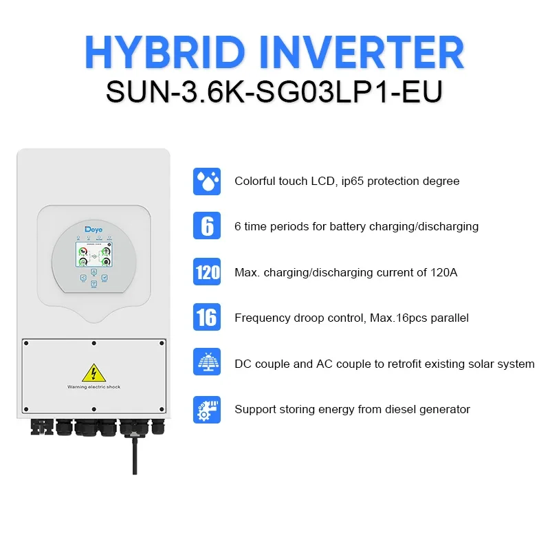 Инвертор Deye Hybird, Стандартный литий-ионный, свинцово-кислотный аккумулятор Lifepo4, поддерживаемый однофазный аккумулятор 2 mppt IP 65