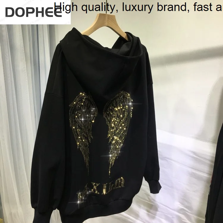 Drilling Luxury Hot Tiger Wings Women Jackets 2023 New Autumn Loose Black Hooded Top Zip Cardigans Streetwear Coat Large Size