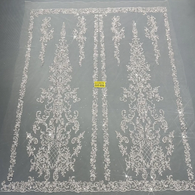 

10 Yards silvery white Africa Glitter Fabric Embroidery Net Lace Glued Glitter Sequins Wedding Party Spray gold Tull fabric