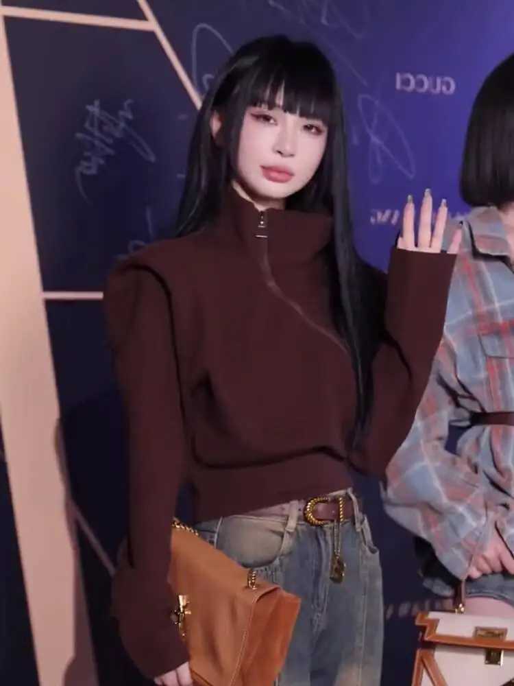 2026 Lente Sweatshirt Damesmode Hoge Hals Lange Mouw Hoodie Cool Stijlvol Schouderstuk Rits Losse Slim Fit Jas Top