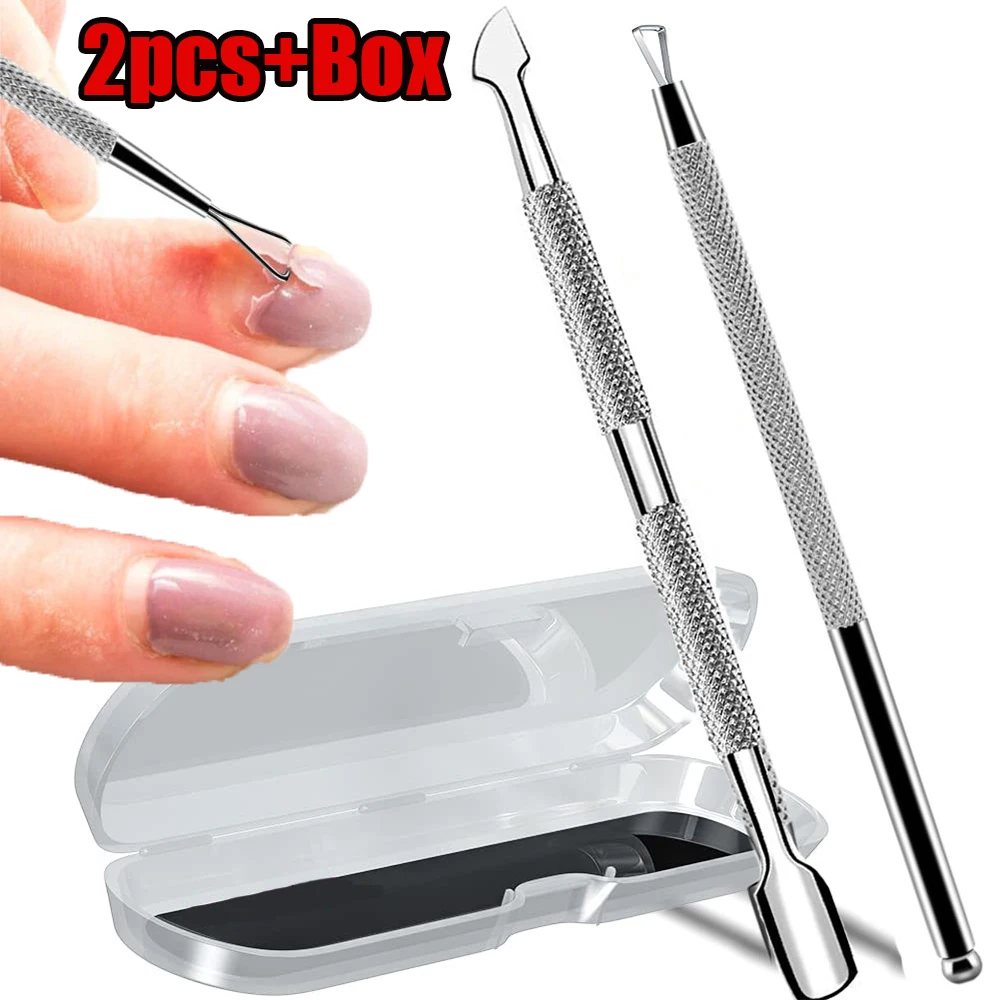 Poussoir à cuticules à Double tête, outil d'élimination des ongles en Gel, nettoyage de la saleté des ongles, Kit de poussée des peaux mortes, outils de manucure en acier inoxydable, 2 pièces/boîte