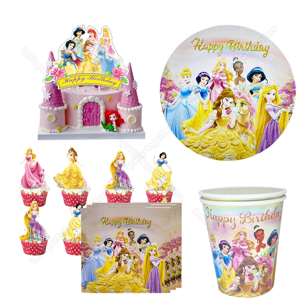 

Disney Six Princesses Party Supplies Snow White Cinderella Aurora Ariel Kid Birthday Scene Layout DIY Gift Party Decor Tableware