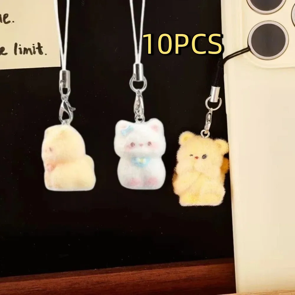 10Pcs Flocking Animal Kawaii Keychain 3D Pendant Resin Cute Cat Keychain Cartoon Lovely Design Animal Pendant Car Keychain